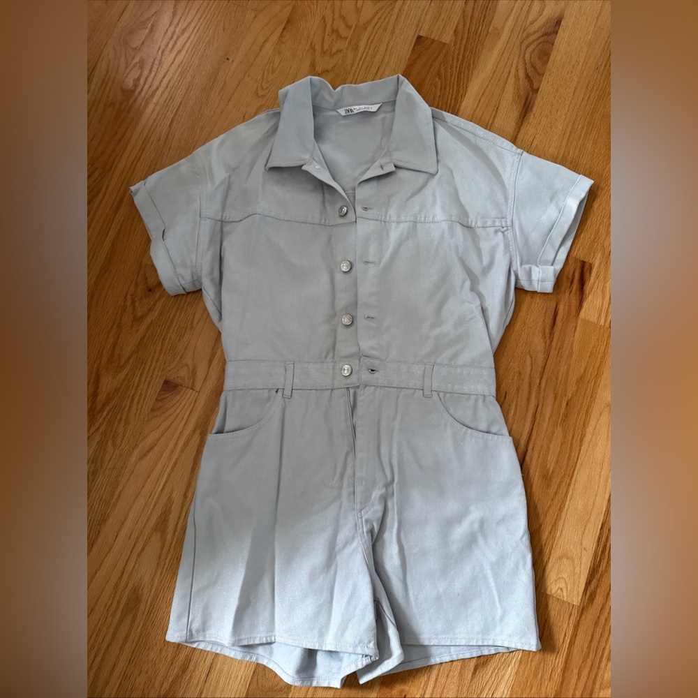 ZARA Sparkle Denim Button Front Romper Womens Large Gray Short Sleeve Classic